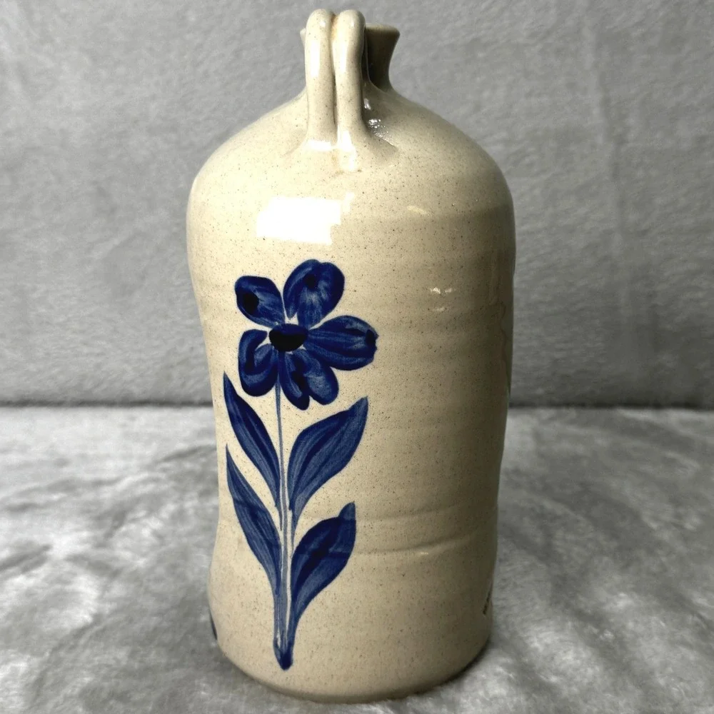 Williamsburg Pottery 1999 Stoneware Candle Holder Blue Floral Luminary Signed